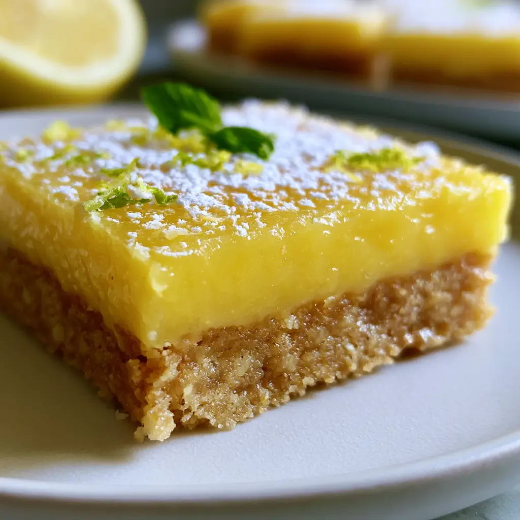 Paleo Lemon Bars with a Toasted Almond Shortbread Crust 1 Top-down view of paleo lemon bars in a baking pan, showing the smooth sun-yellow curd and arrowroot powder dusting.