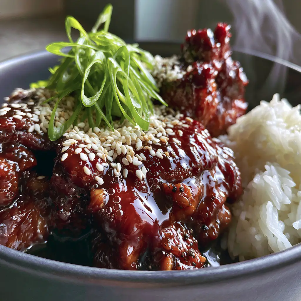 Slow Cooker Sticky Honey Chicken with a Glossy Mahogany Glaze 1 A steaming bowl of honey garlic chicken with scallions and sesame seeds in a charcoal bowl. (Slow Cooker Sticky Honey Chicken)