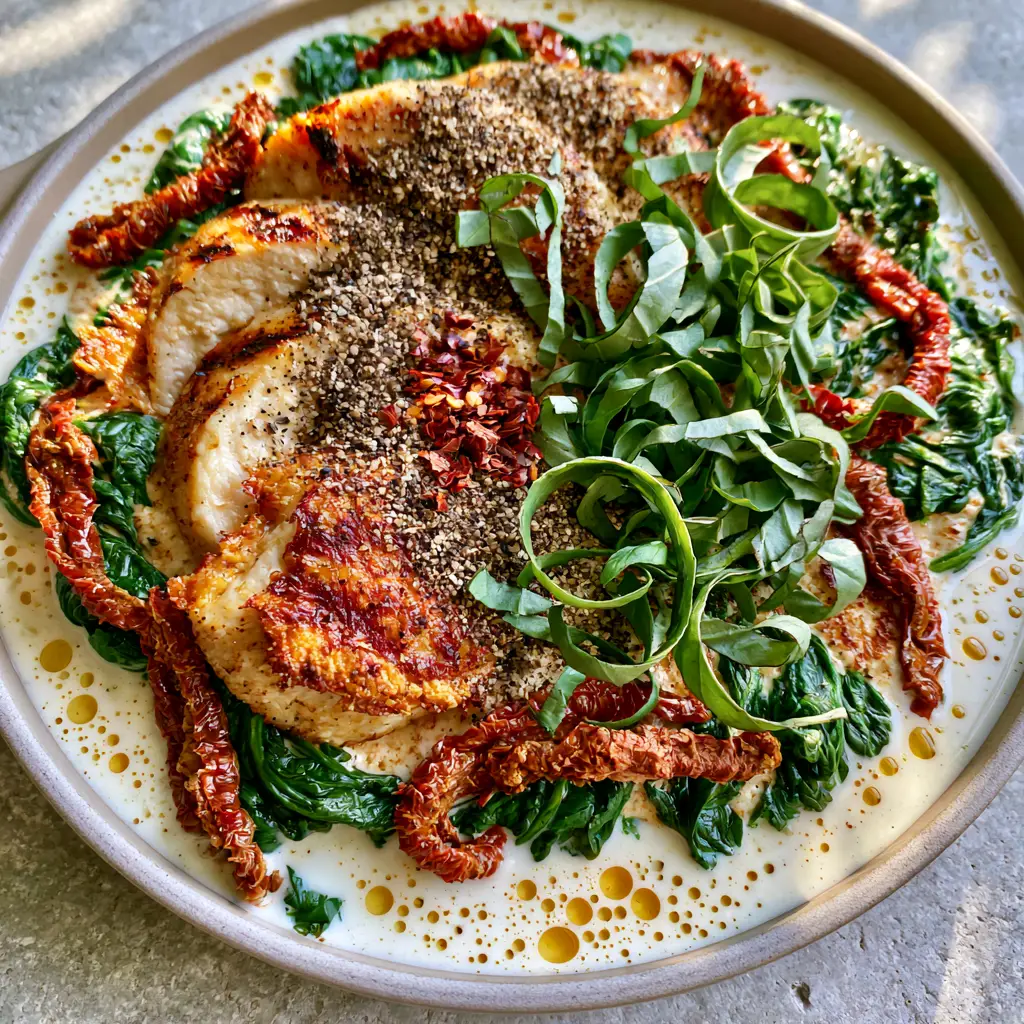 Paleo dairy-free recipes: Creamy Tuscan Garlic Chicken Skillet 2 Close-up of seared chicken breast slices in a thick white coconut milk sauce with basil ribbons. (Paleo dairy-free recipes)