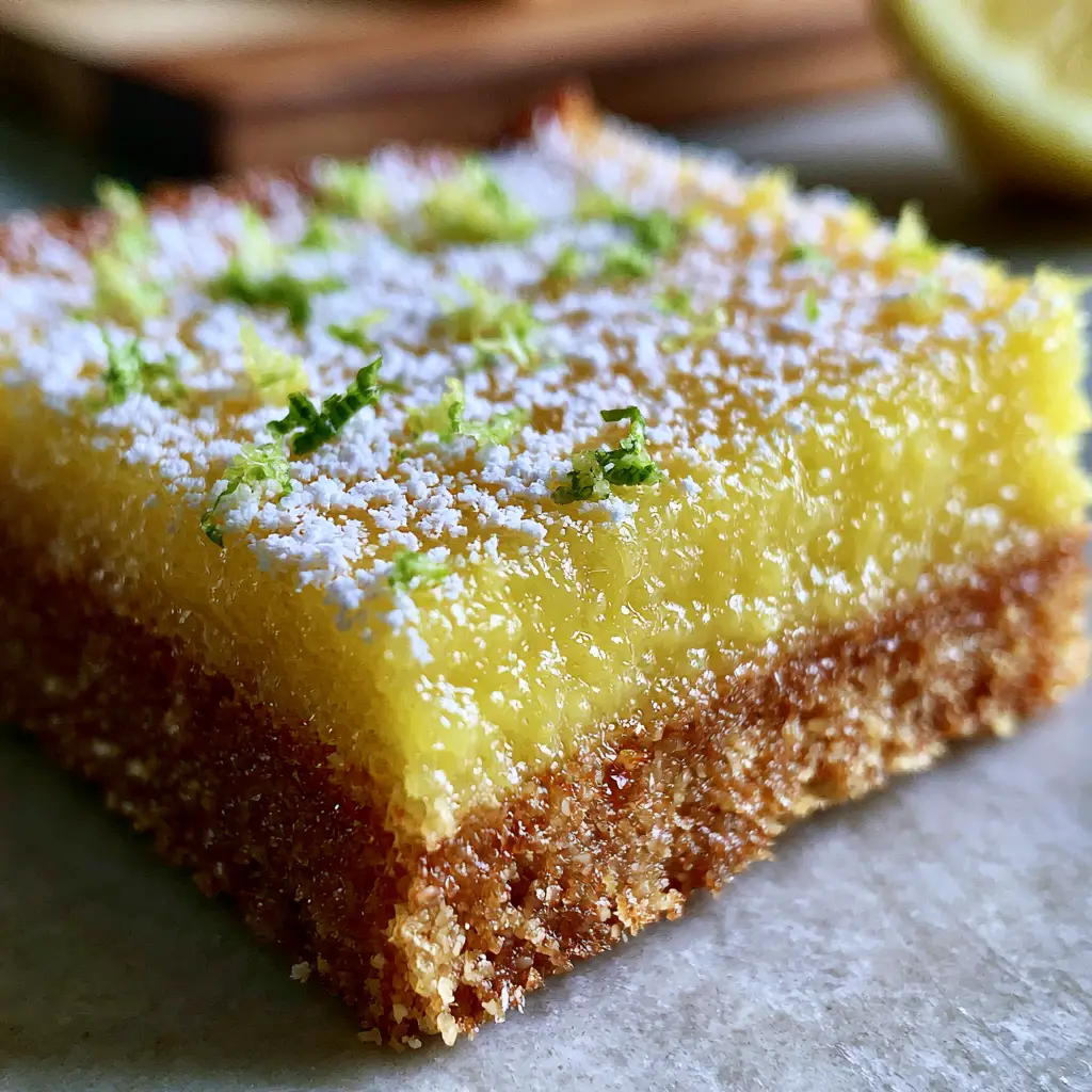 Gluten-free vegan lemon bars with a Toasted Almond Shortbread Crust 1 A clean-cut slice of a vegan lemon bar with bright green zest and a fine dusting of powdered sugar. (gluten-free vegan lemon bars)