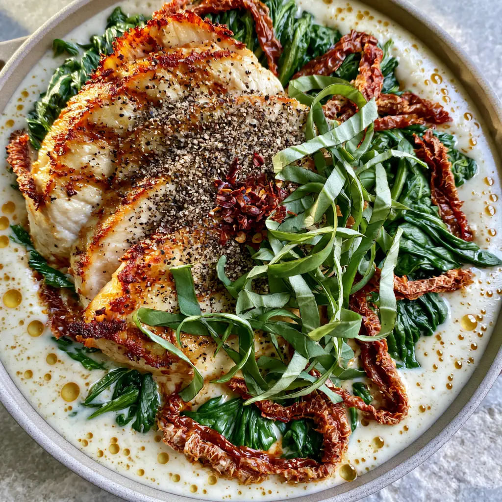 Paleo dairy-free recipes: Creamy Tuscan Garlic Chicken Skillet 1 Side view of a premium Paleo Tuscan chicken skillet on a grey stone surface featuring wilted spinach and red pepper flakes.