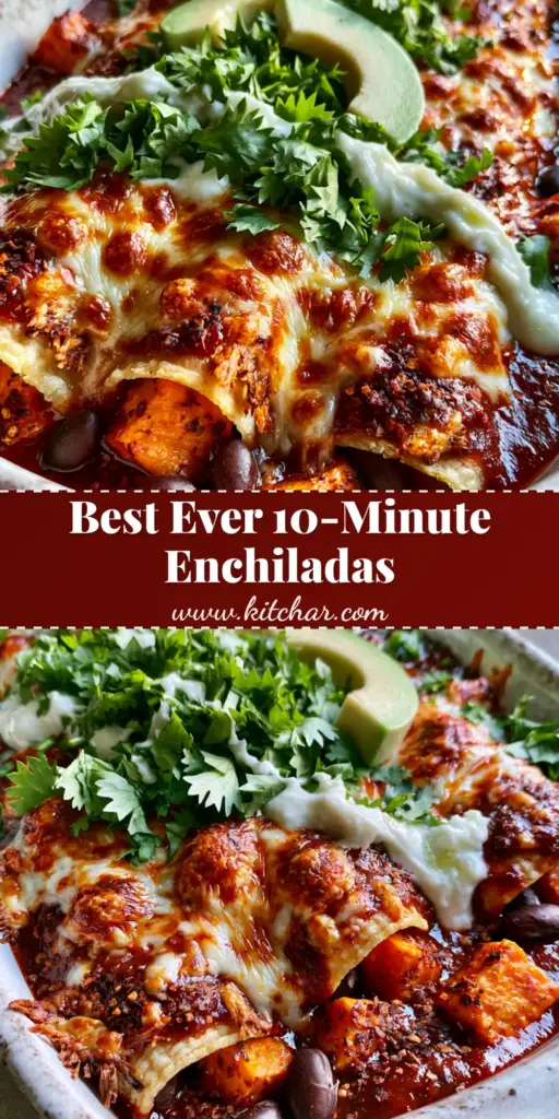 Black Bean Enchiladas with Roasted Sweet Potato and Guajillo Sauce 4 A rustic white baking dish containing three tightly rolled Black Bean Enchiladas submerged in glossy red sauce, topped with melted Monterey Jack cheese, avocado slices, and lime crema.
