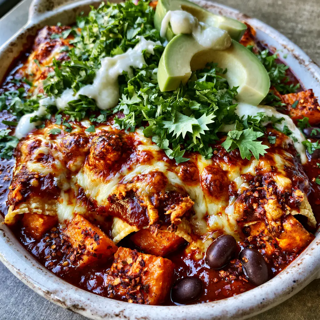 Black Bean Enchiladas with Roasted Sweet Potato and Guajillo Sauce 2 Close-up of Black Bean Enchiladas in a white dish showing melted bubbly cheese with toasted golden-brown spots and fresh cilantro garnish.