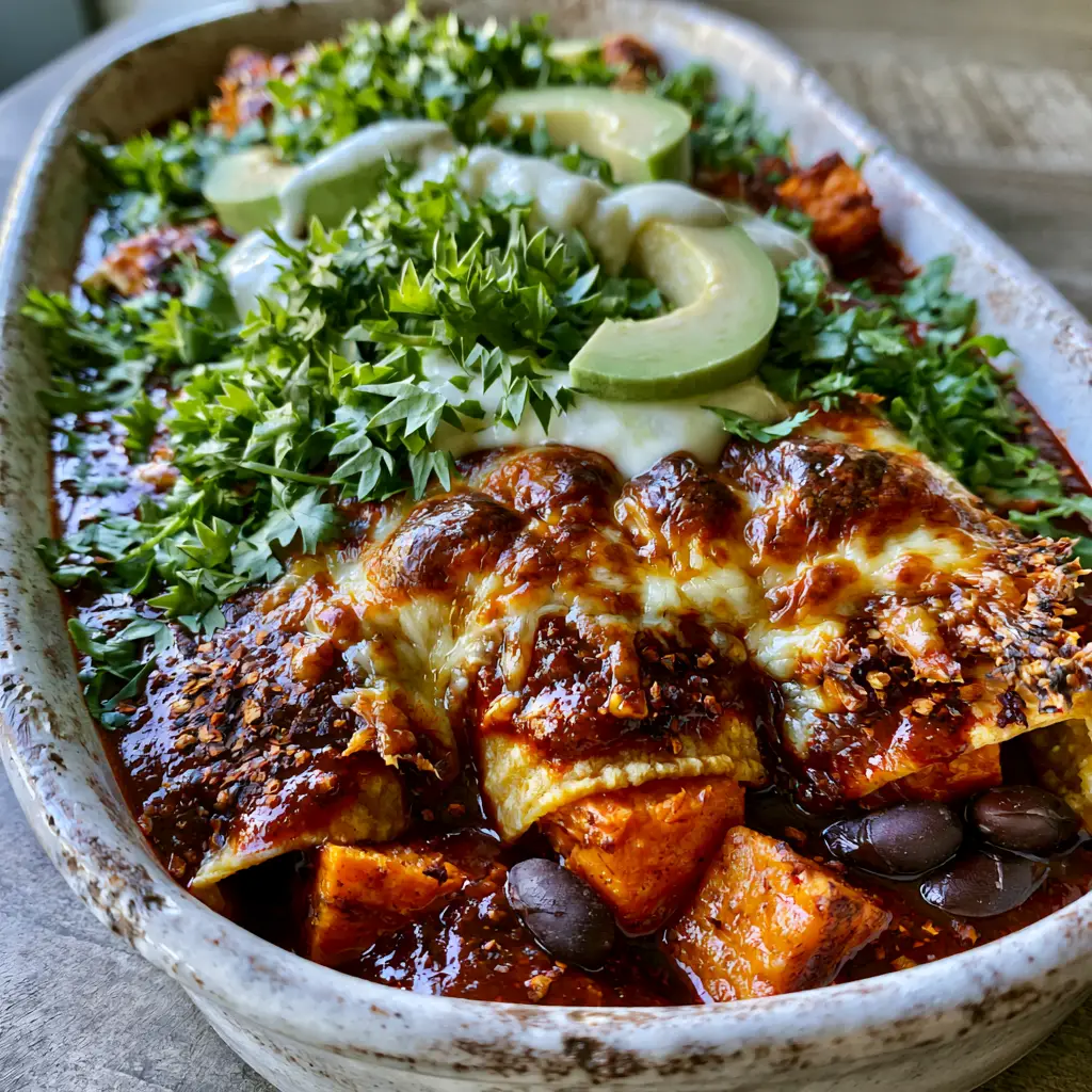 Black Bean Enchiladas with Roasted Sweet Potato and Guajillo Sauce 1 Bird's eye view of a rustic baking dish filled with corn tortillas, deep-crimson guajillo sauce, orange sweet potatoes, and black beans.