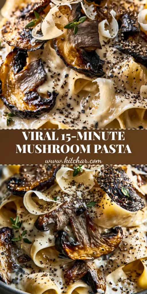 Creamy Garlic Mushroom Pasta with Seared Cremini and Pappardelle 4 Vertical shot of creamy garlic mushroom pasta in a charcoal bowl with parmesan curls and fresh thyme.